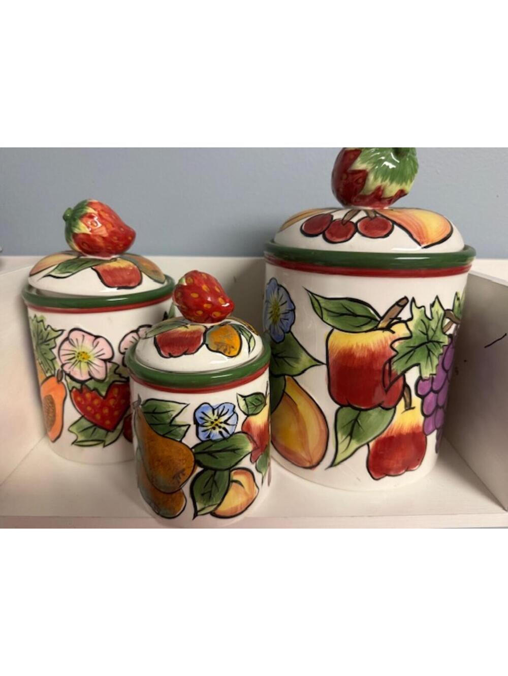 Vintage Ceramic Fruit Canister Set 3-Piece Strawberry Lid Farmhouse Kitchen Deco